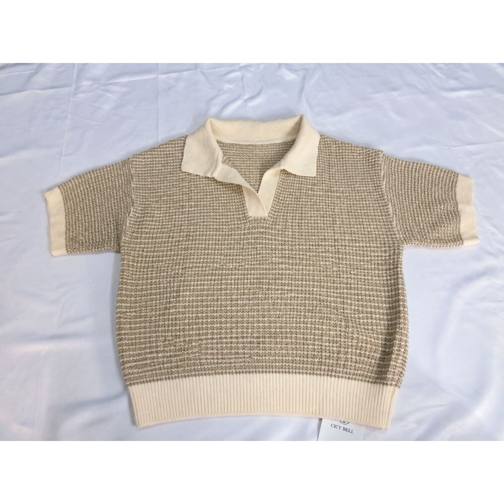 Cicy Bell Women's Khaki and Cream Textured Knit Polo Top